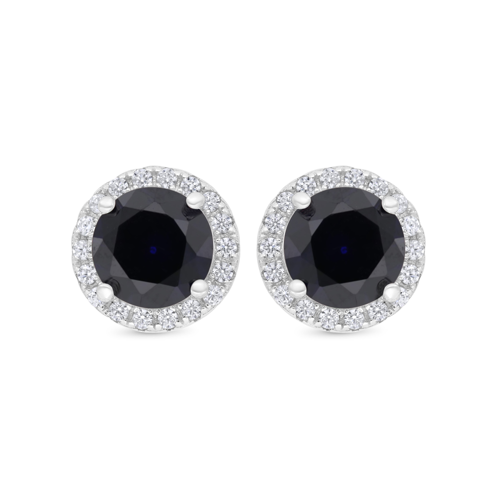 Sterling Silver 925 Earring Rhodium Plated Embedded With Sapphire Corundum And White CZ