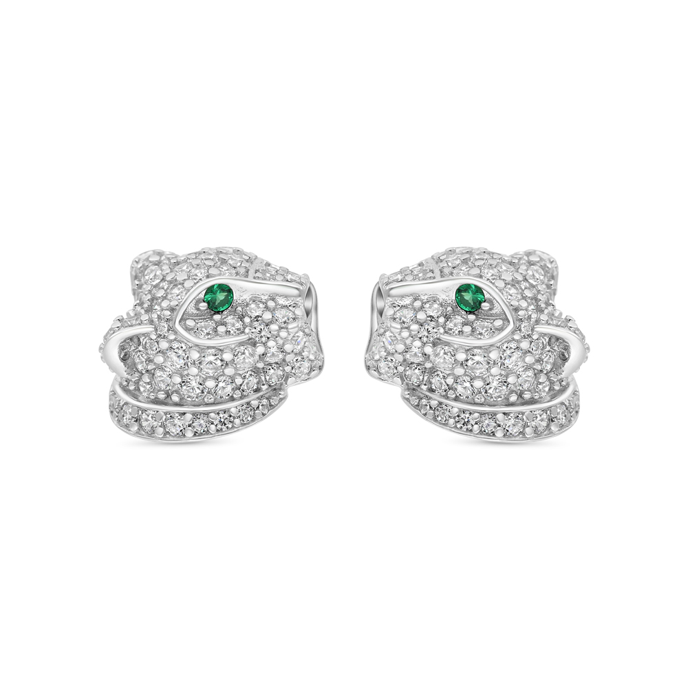 Sterling Silver 925 Earring Rhodium Plated Embedded With Emerald Zircon And White CZ