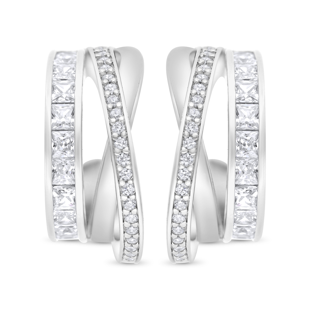 Sterling Silver 925 Earring Rhodium Plated Embedded With White CZ