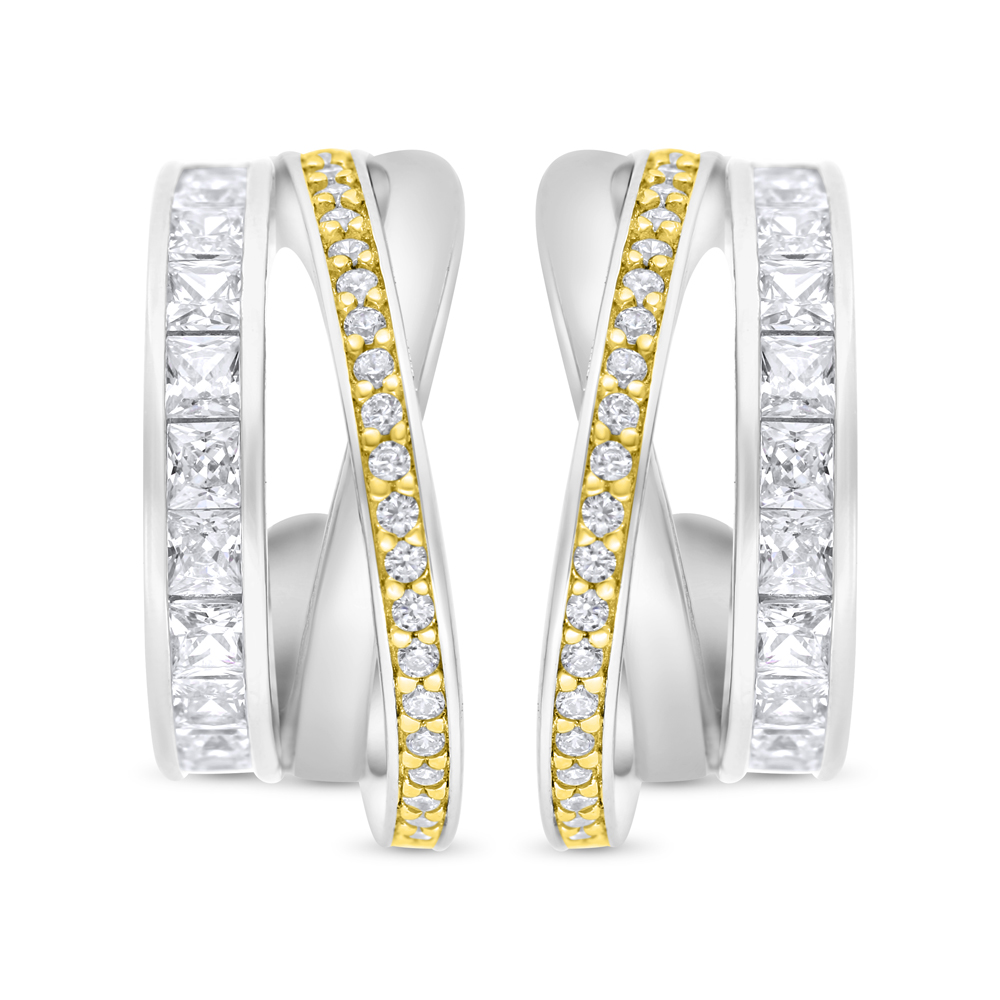 Sterling Silver 925 Earring Rhodium And Gold Plated Embedded With White CZ