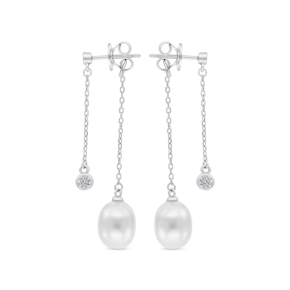 Sterling Silver 925 Earring Rhodium Plated Embedded With White Shell Pearl And White CZ