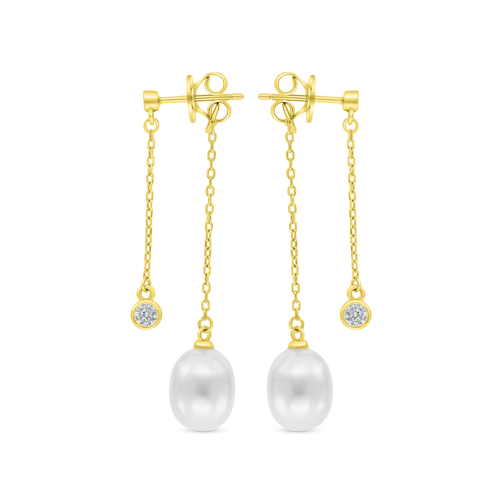 Sterling Silver 925 Earring Gold Plated Embedded With White Shell Pearl And White CZ