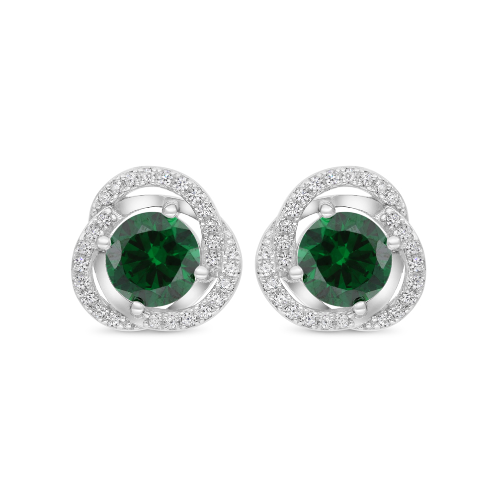 Sterling Silver 925 Earring Rhodium Plated Embedded With Emerald Zircon And White CZ