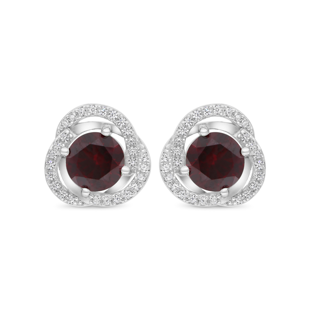 Sterling Silver 925 Earring Rhodium Plated Embedded With Ruby Corundum And White CZ