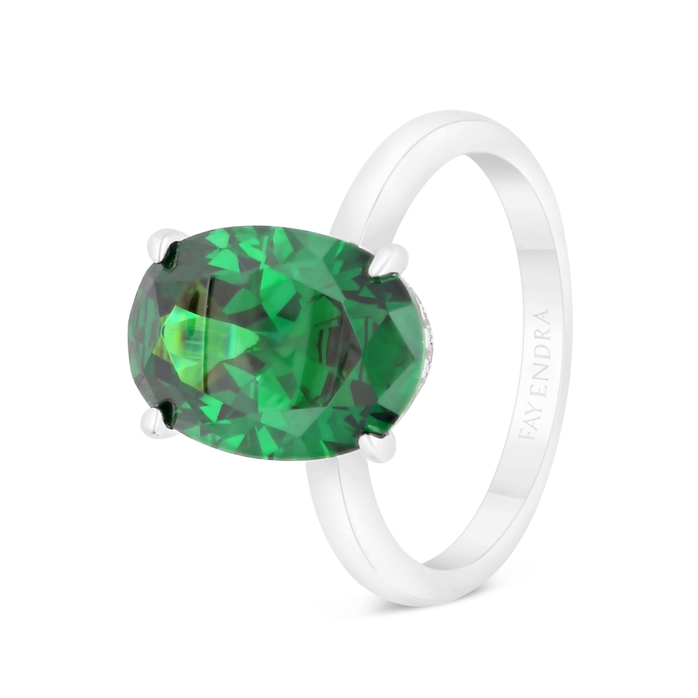 Sterling Silver 925 Ring Rhodium Plated Embedded With Emerald Zircon And White CZ