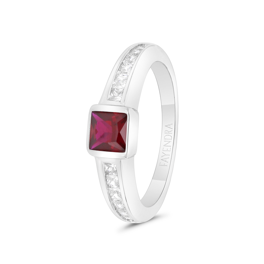 Sterling Silver 925 Ring Rhodium Plated Embedded With Ruby Corundum And White CZ For Men