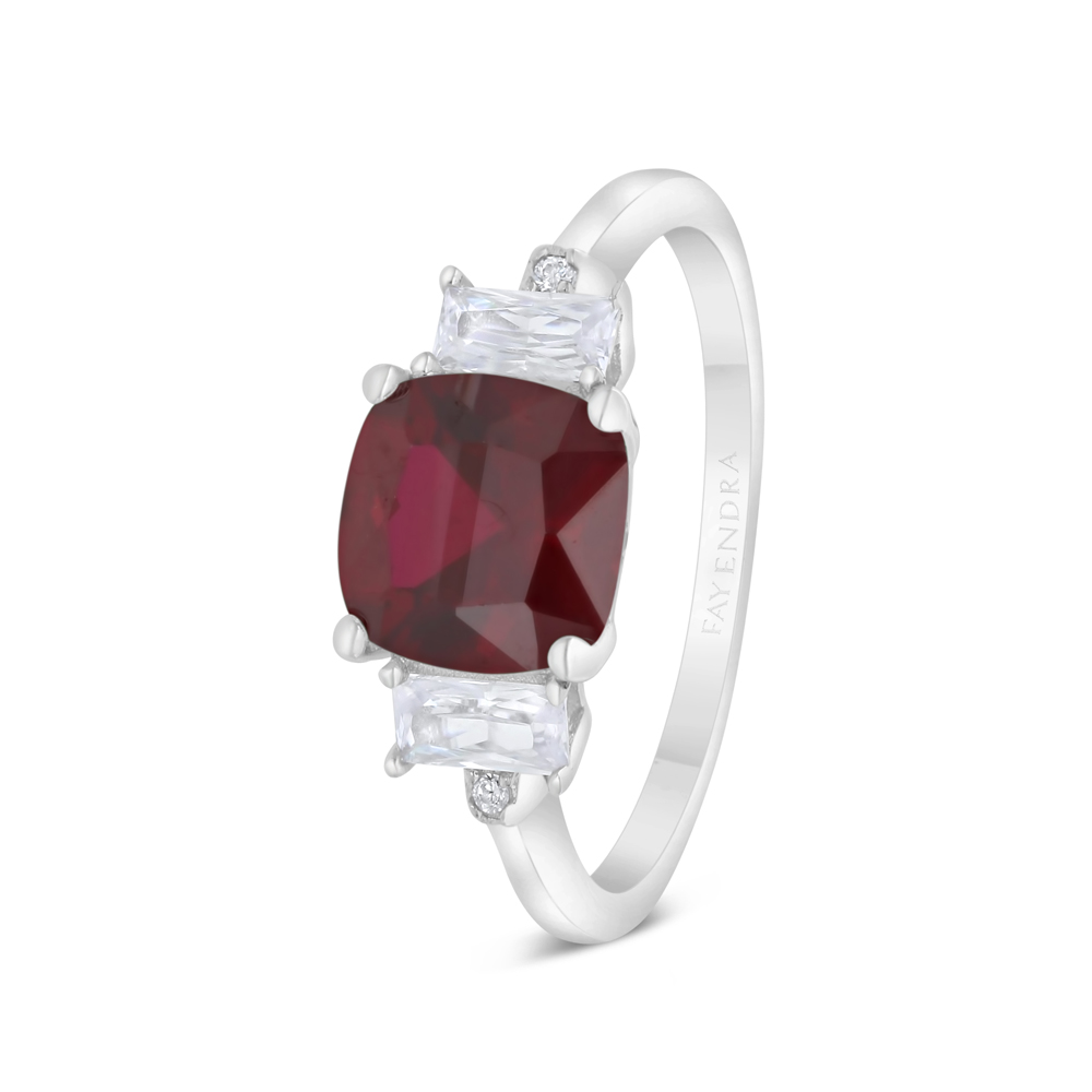 Sterling Silver 925 Ring Rhodium Plated Embedded With Ruby Corundum And White CZ 