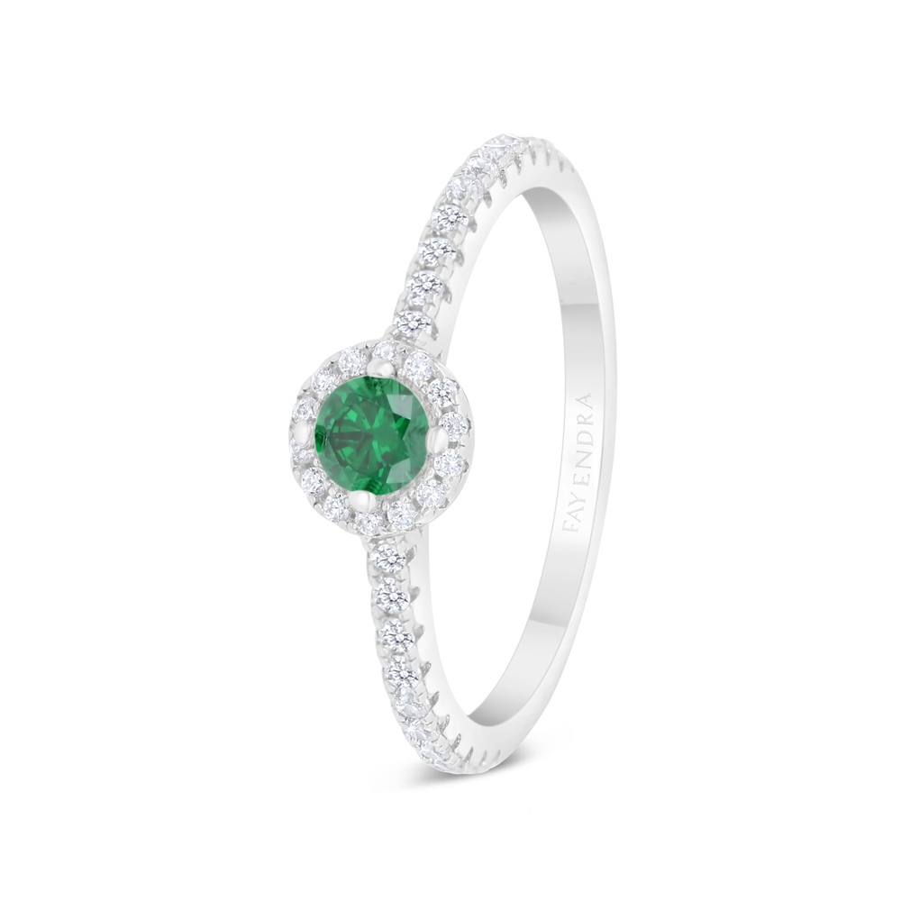 Sterling Silver 925 Ring Rhodium Plated Embedded With Emerald Zircon And White CZ 
