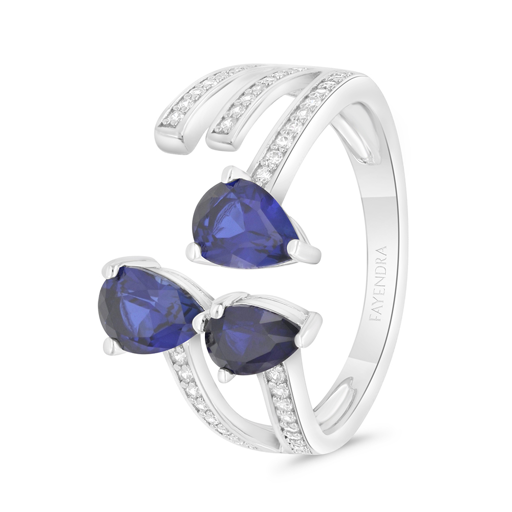 Sterling Silver 925 Ring Rhodium Plated Embedded With Sapphire Corundum And White CZ 