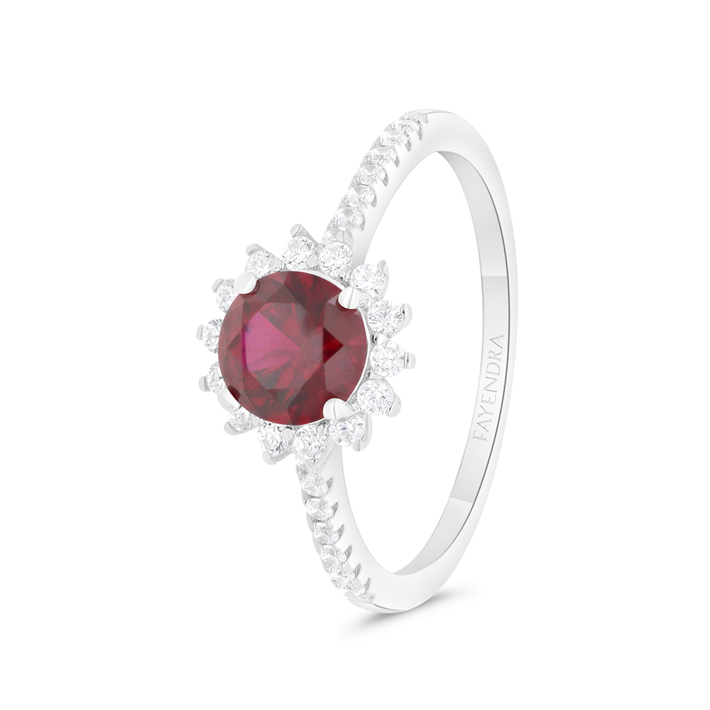 Sterling Silver 925 Ring Rhodium Plated Embedded With Ruby Corundum And White CZ 