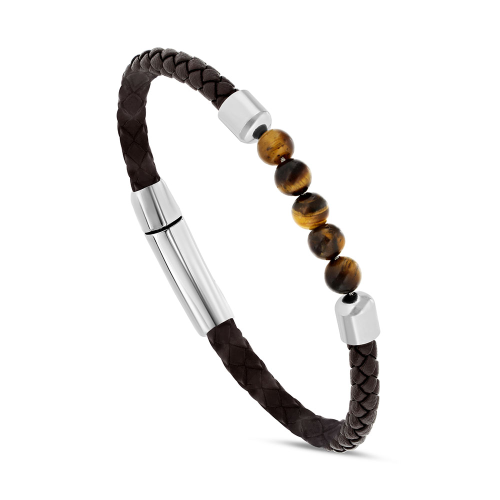 Stainless Steel Bracelet, Rhodium Plated Embedded With Yellow Tiger Eye ِAnd Brown Leather For Men 316L