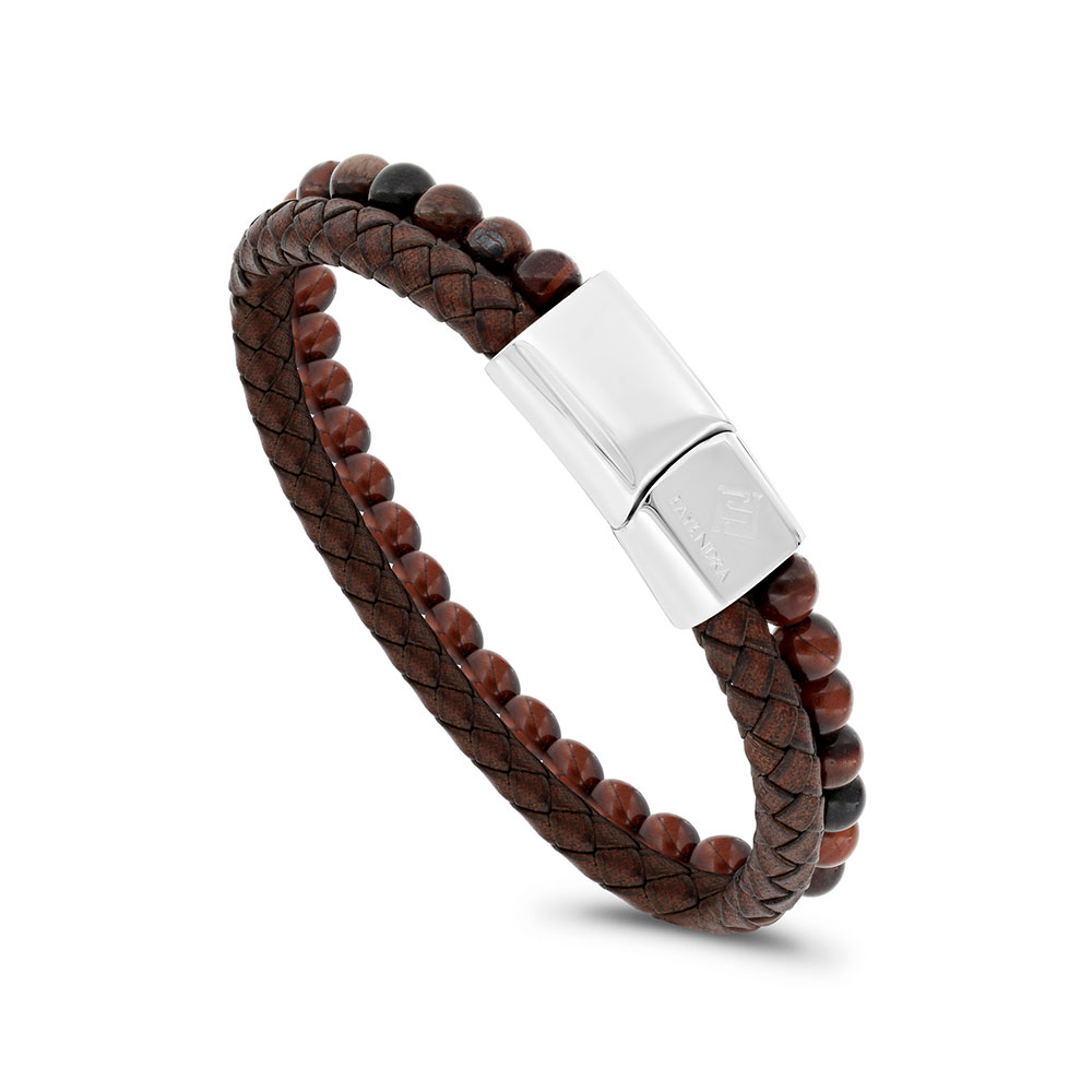 Stainless Steel Bracelet, Rhodium Plated Embedded With Red Tiger Eye ِAnd Brown Leather For Men 316L