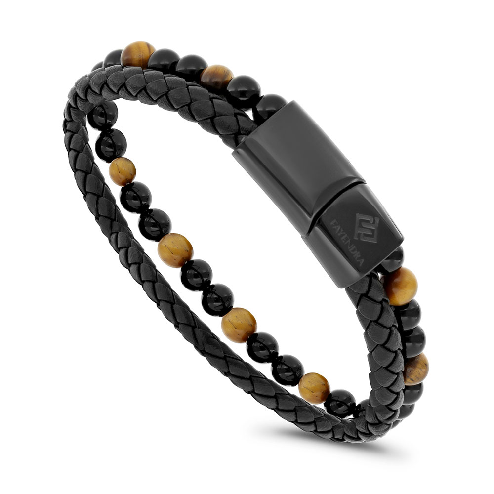 Stainless Steel Bracelet, Black Plated Embedded With Yellow Tiger Eye ِAnd Black Leather For Men 316L