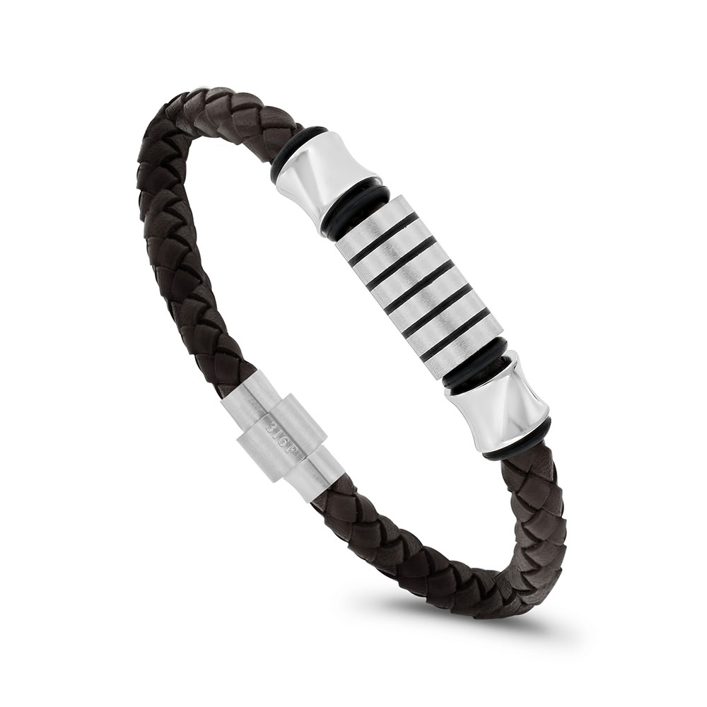 Stainless Steel Bracelet, Rhodium Plated Embedded With Brown Leather For Men 316L