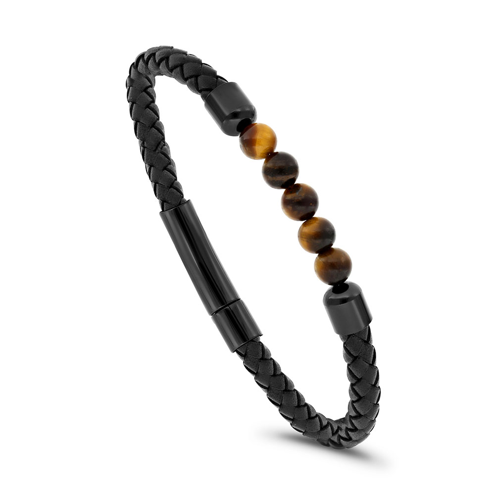 Stainless Steel Bracelet, Black Plated Embedded With Yellow Tiger Eye ِAnd Black Leather For Men 316L