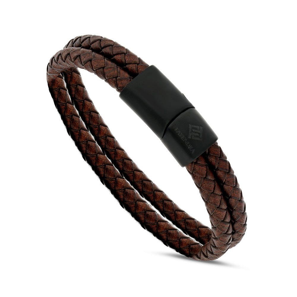 Stainless Steel Bracelet, Black Plated Embedded With Brown Leather For Men 316L