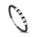 Stainless Steel Bracelet, Rhodium Plated Embedded With Black Leather For Men 316L