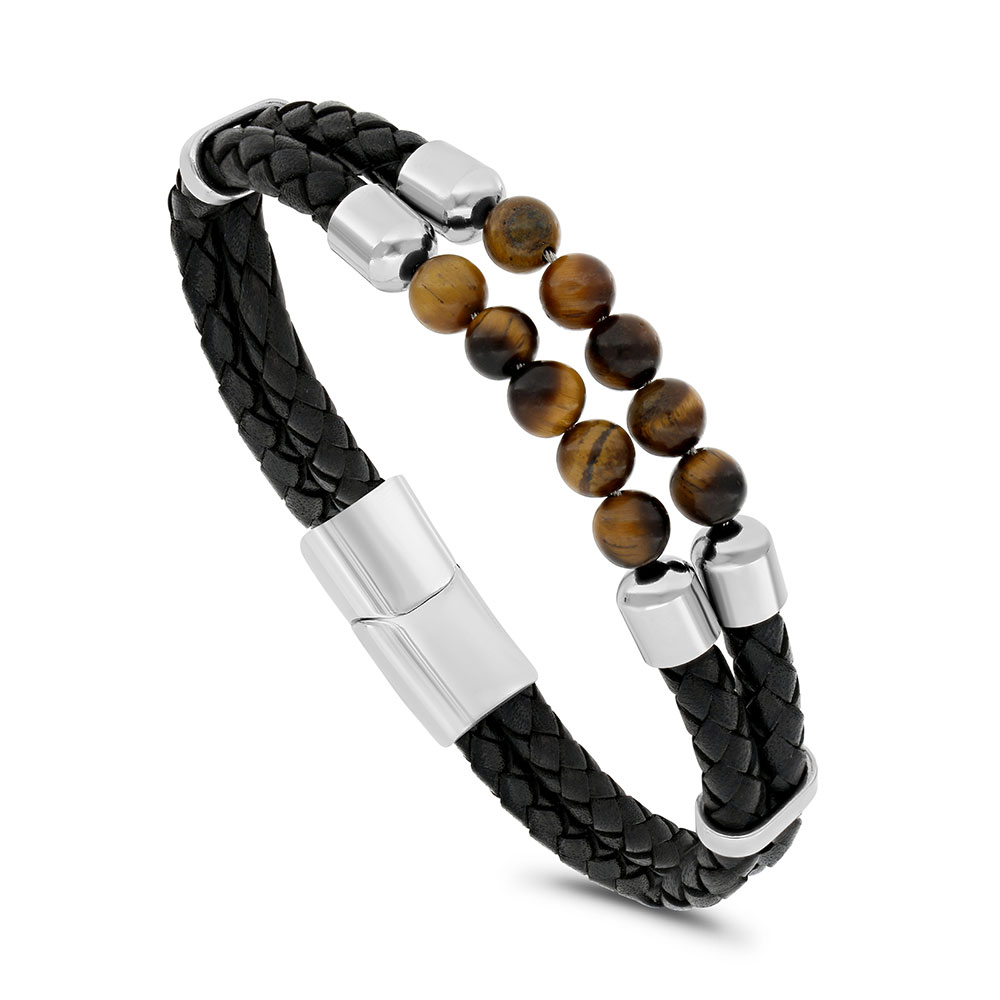 Stainless Steel Bracelet, Rhodium Plated Embedded With Yellow Tiger Eye ِAnd Black Leather For Men 316L