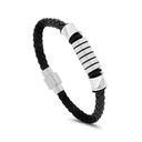 Stainless Steel Bracelet, Rhodium Plated Embedded With Black Leather For Men 316L