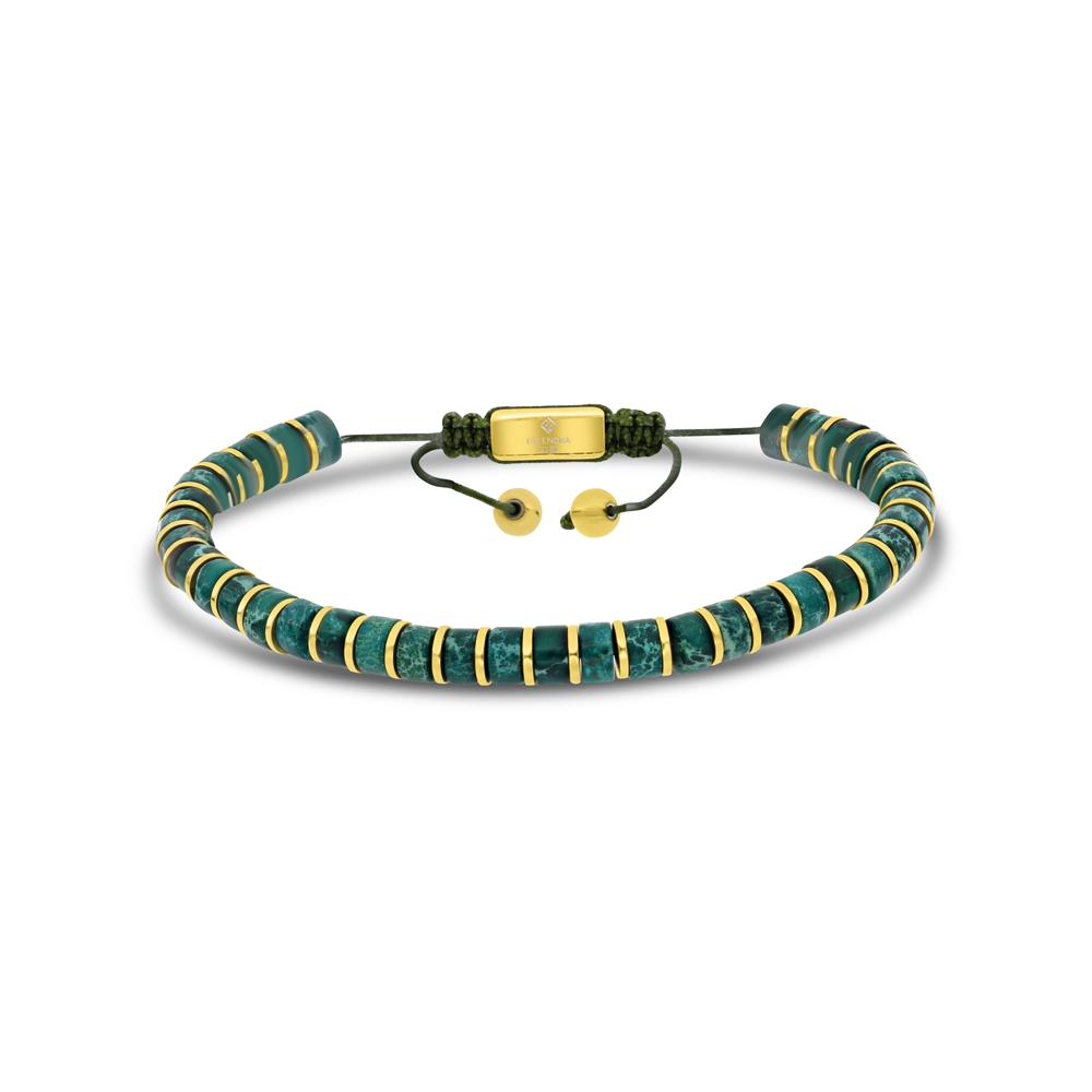 Stainless Steel Bracelet, Gold Plated And Green Turquoise For Men 316L