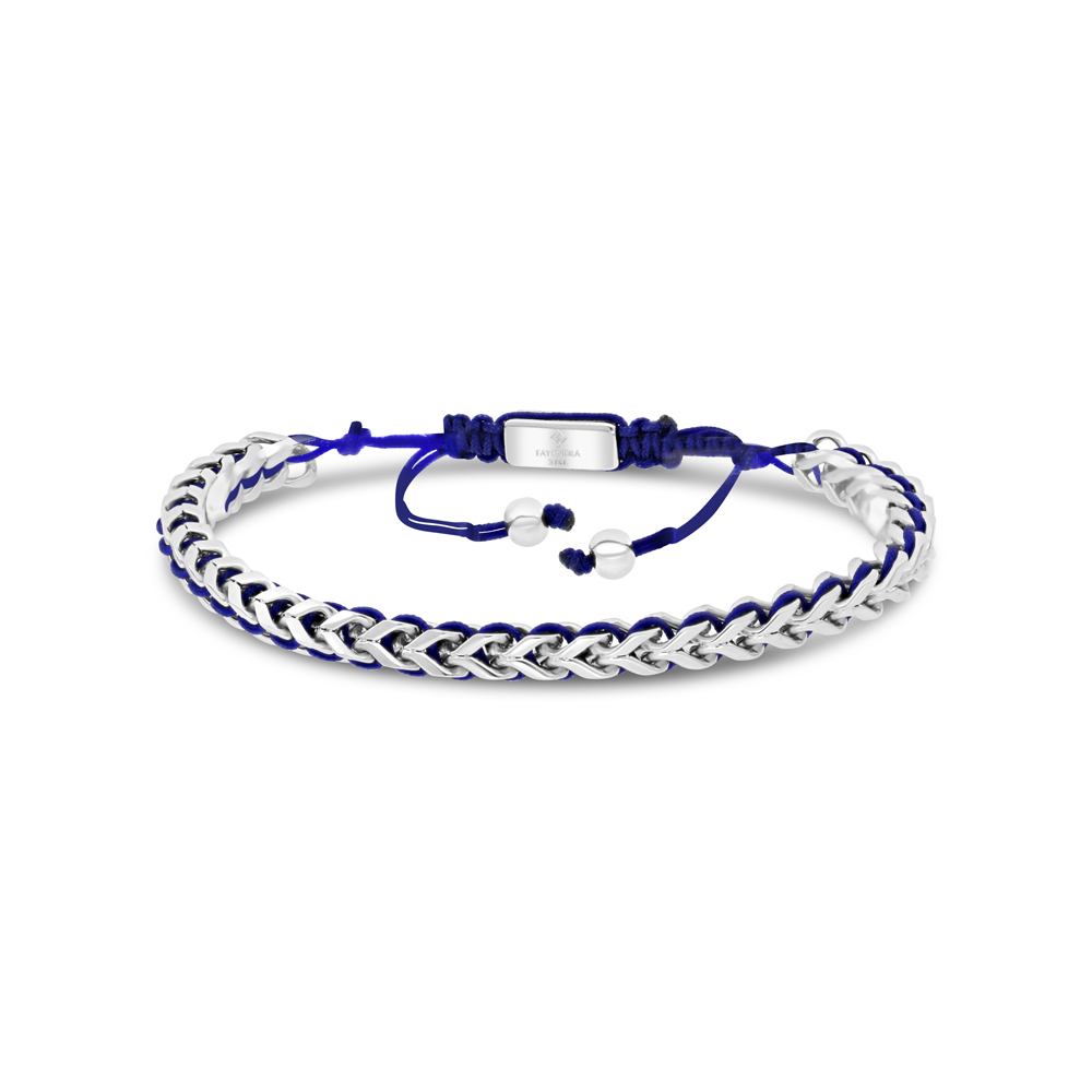 Stainless Steel Bracelet, Rhodium Plated And Blue Thread For Men 316L