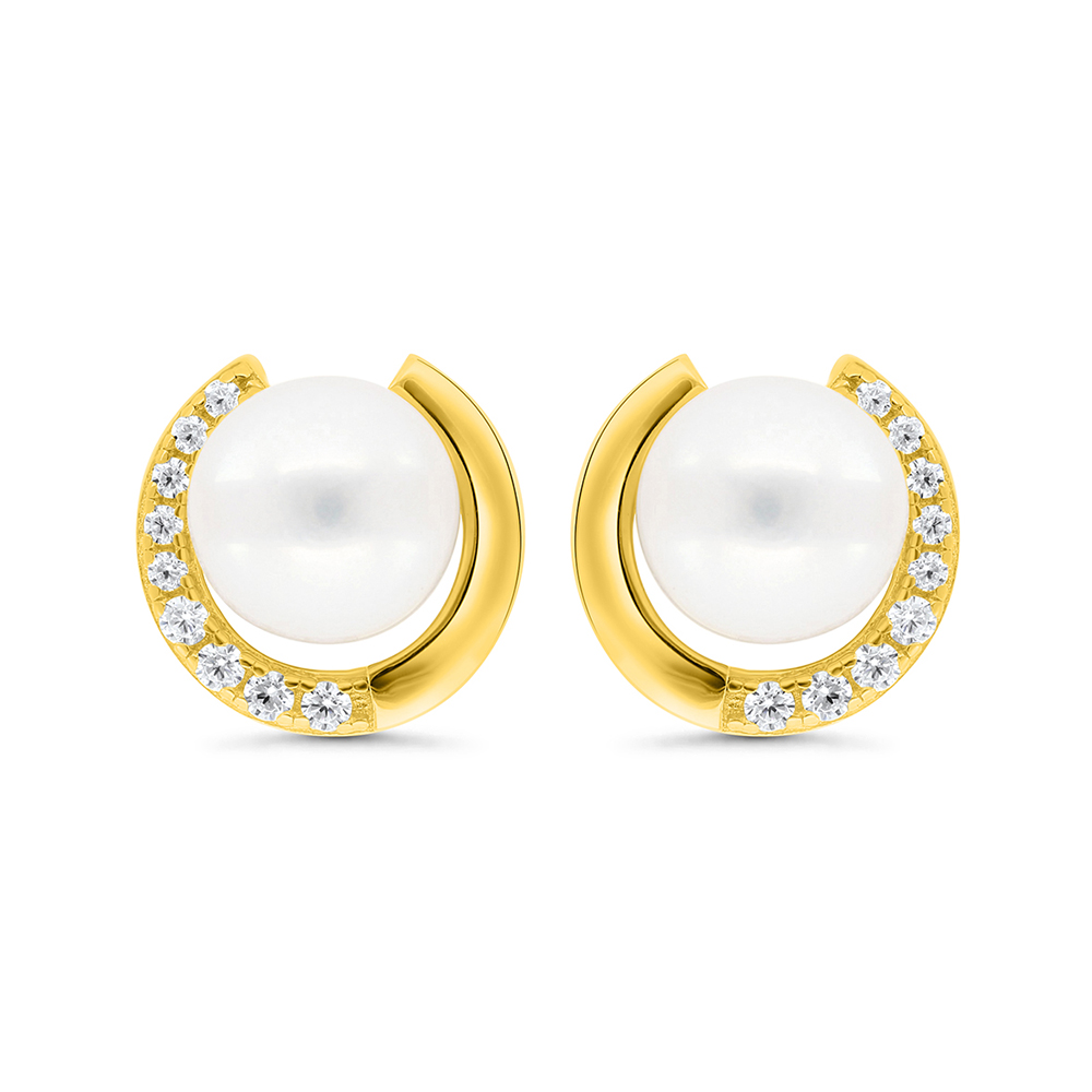 Sterling Silver 925 Earring Gold Plated Embedded With Natural White Pearl And  White Zircon