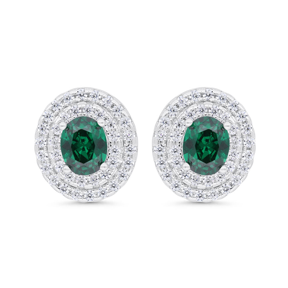 Sterling Silver 925 Earring Rhodium Plated Embedded With Emerald Zircon And White Zircon