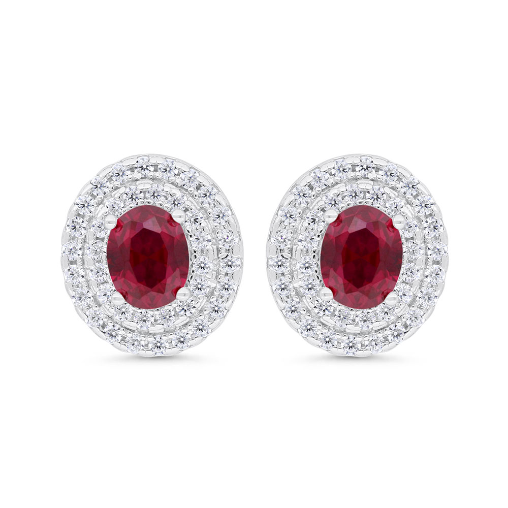 Sterling Silver 925 Earring  Rhodium Plated Embedded With Ruby Corundum And White Zircon