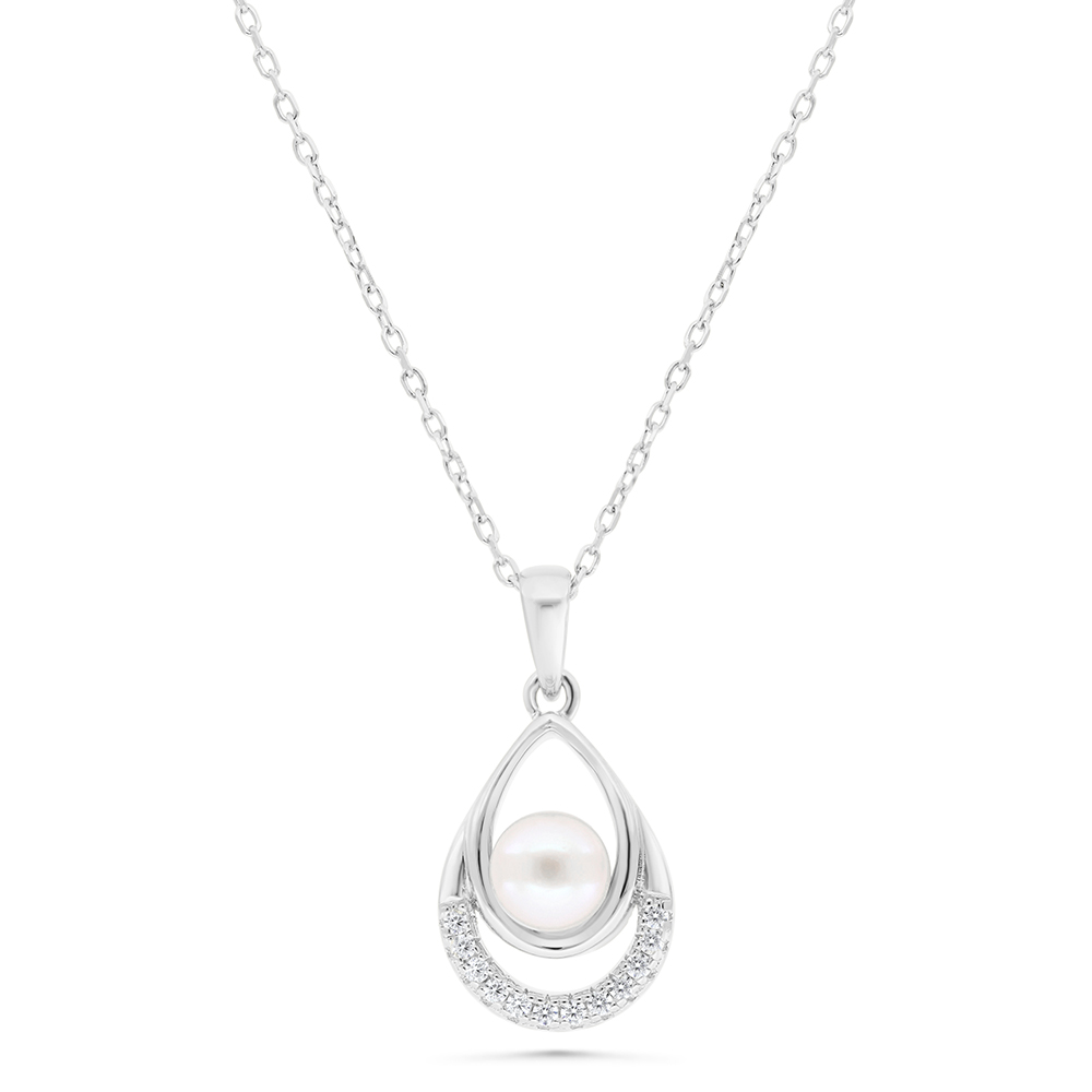Sterling Silver 925 Necklace Rhodium Plated Embedded With Natural White Pearl And  White Zircon 