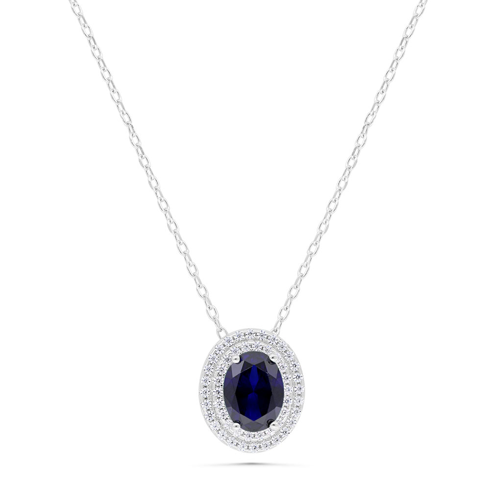 Sterling Silver 925 Necklace Rhodium Plated Embedded With Sapphire Corundum And White Zircon