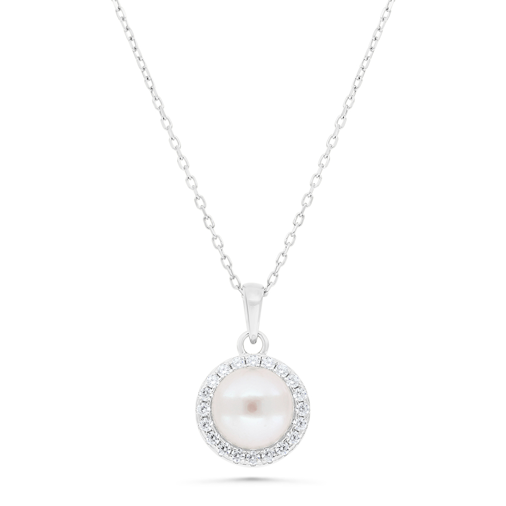 Sterling Silver 925 Necklace Rhodium Plated Embedded With Natural White Pearl And  White Zircon 