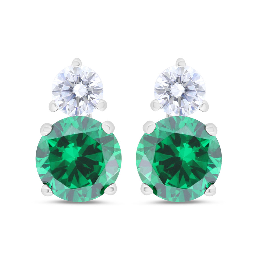 Sterling Silver 925 Earring Rhodium Plated Embedded With Emerald Zircon And White Zircon