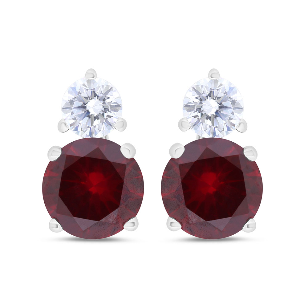 Sterling Silver 925 Earring Rhodium Plated Embedded With Ruby Corundum And White Zircon