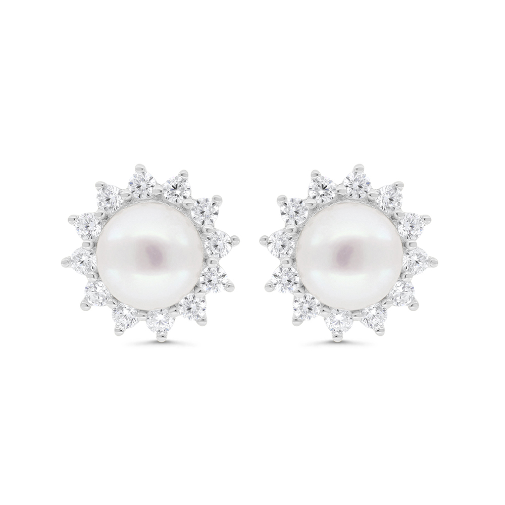 Sterling Silver 925 Earring Rhodium Plated Embedded With Natural White Pearl And White Zircon