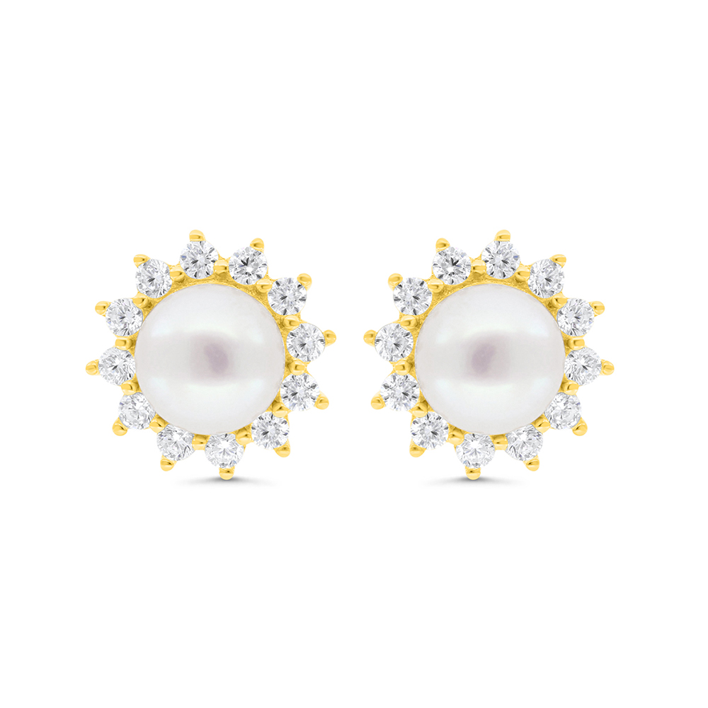 Sterling Silver 925 Earring Gold Plated Embedded With Natural White Pearl And  White Zircon