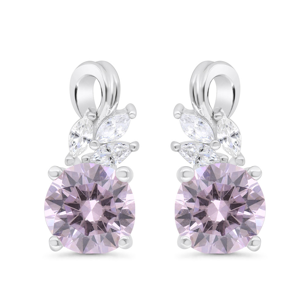 Sterling Silver 925 Earring Rhodium Plated Embedded With Pink Zircon And White Zircon