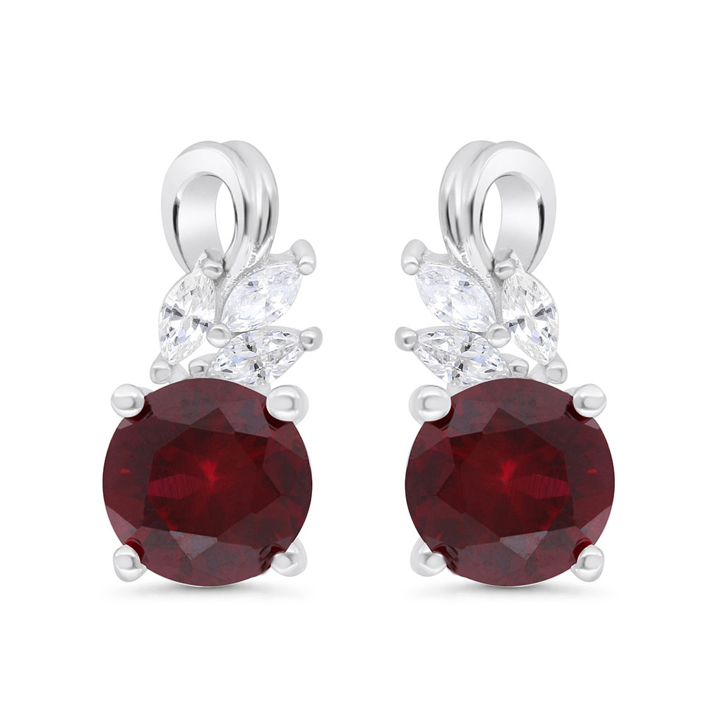 Sterling Silver 925 Earring  Rhodium Plated Embedded With Ruby Corundum And White Zircon