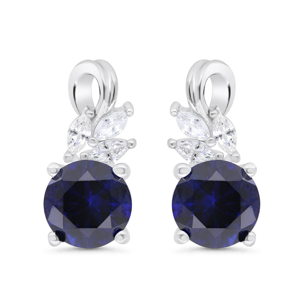 Sterling Silver 925 Earring Rhodium Plated Embedded With Sapphire Corundum And White Zircon