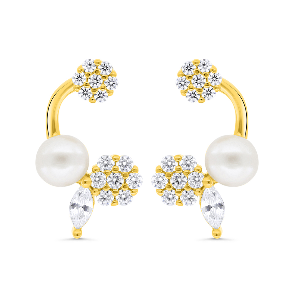 Sterling Silver 925 Earring Gold Plated Embedded With Natural White Pearl And  White Zircon