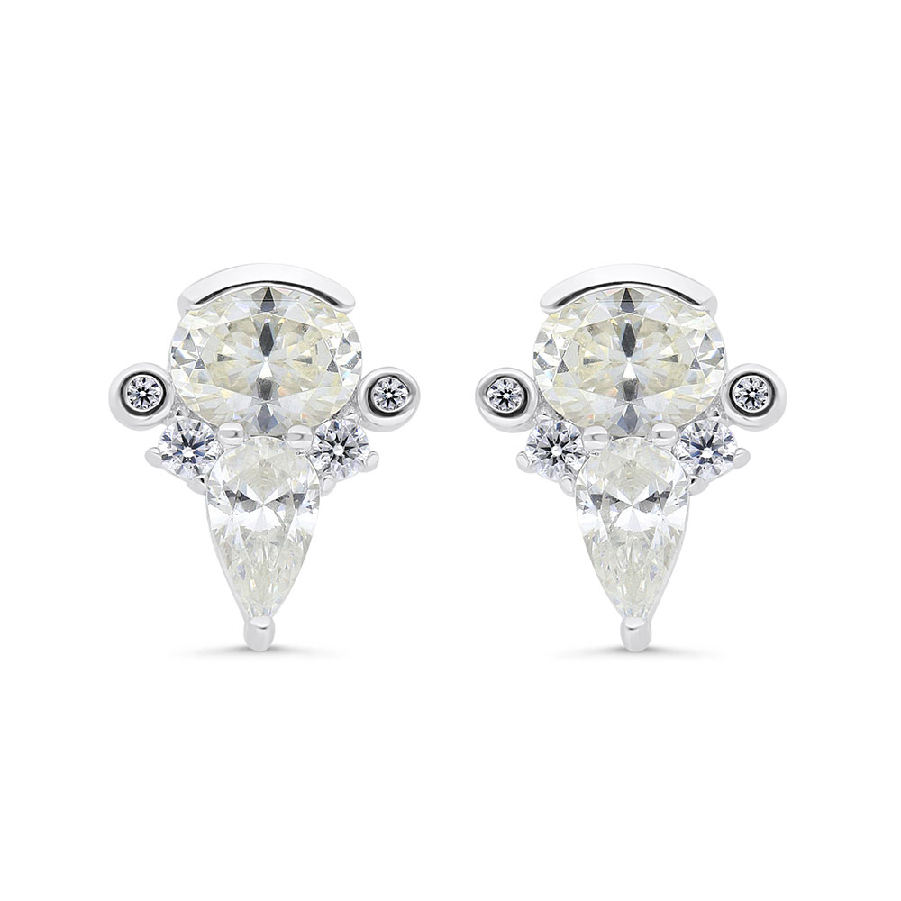 Sterling Silver 925 Earring Rhodium Plated Embedded With Yellow Zircon And White Zircon