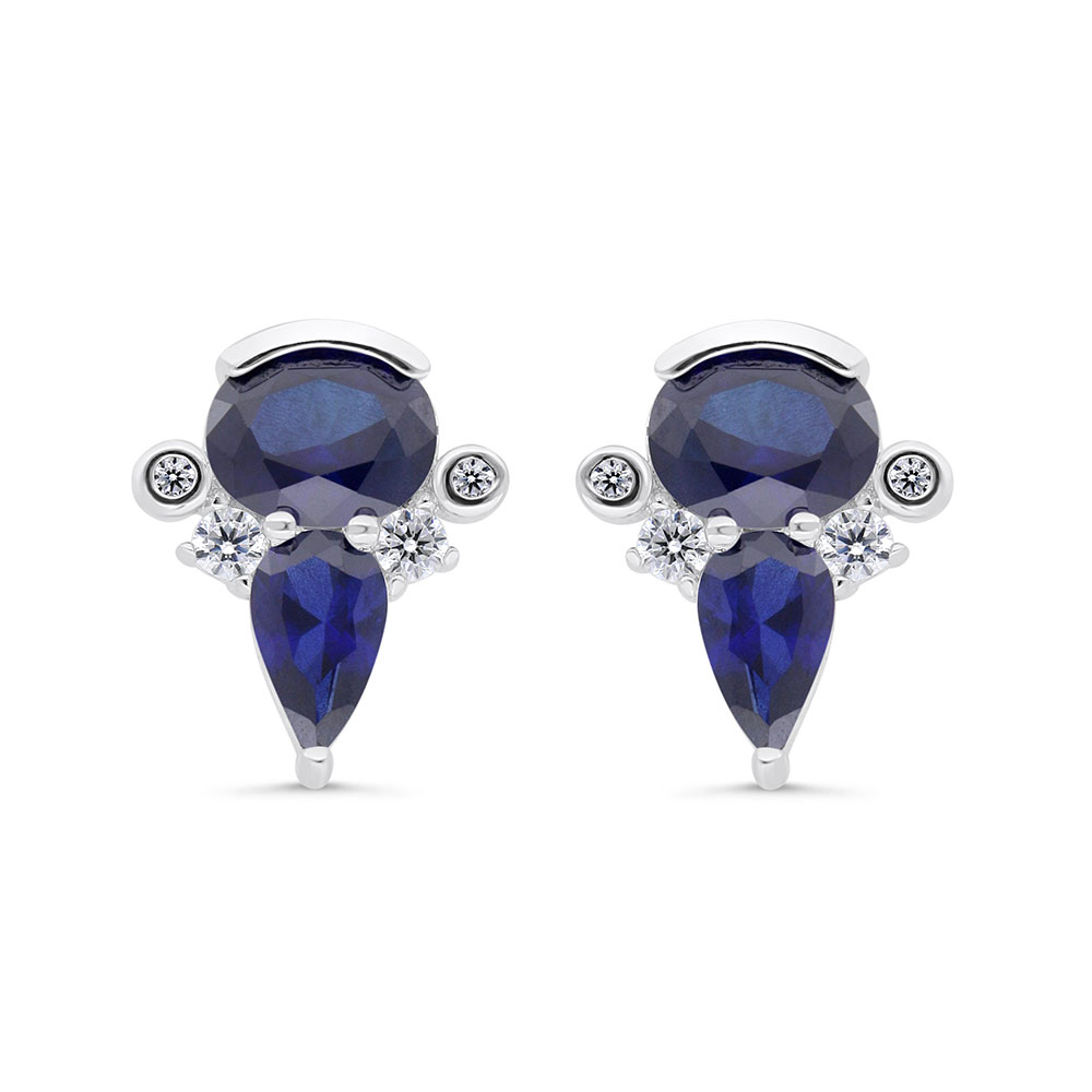 Sterling Silver 925 Earring Rhodium Plated Embedded With Sapphire Corundum And White Zircon