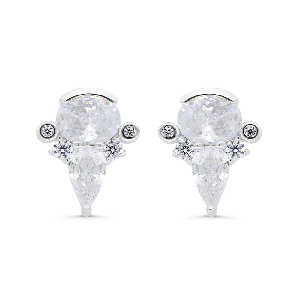 Sterling Silver 925 Earring Rhodium Plated Embedded With White Zircon 