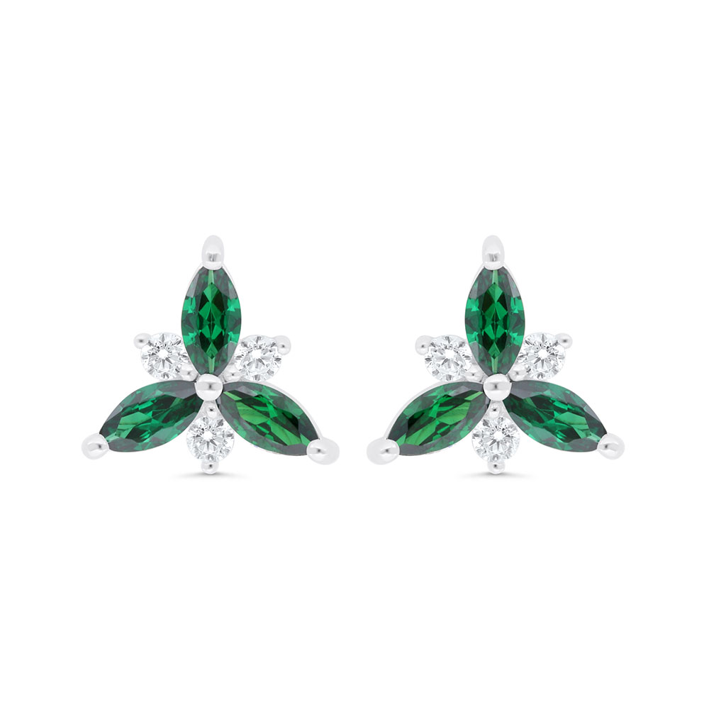 Sterling Silver 925 Earring Rhodium Plated Embedded With Emerald Zircon And White Zircon