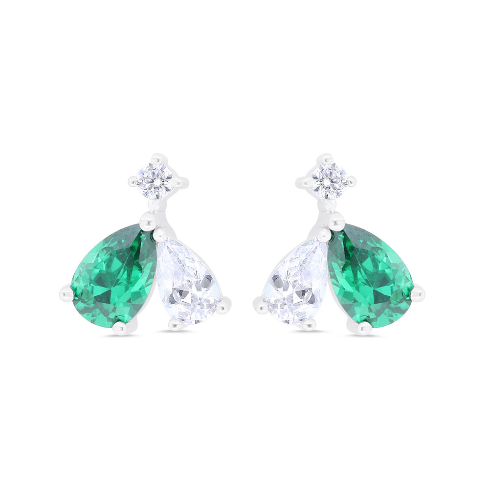 Sterling Silver 925 Earring Rhodium Plated Embedded With Emerald Zircon And White Zircon