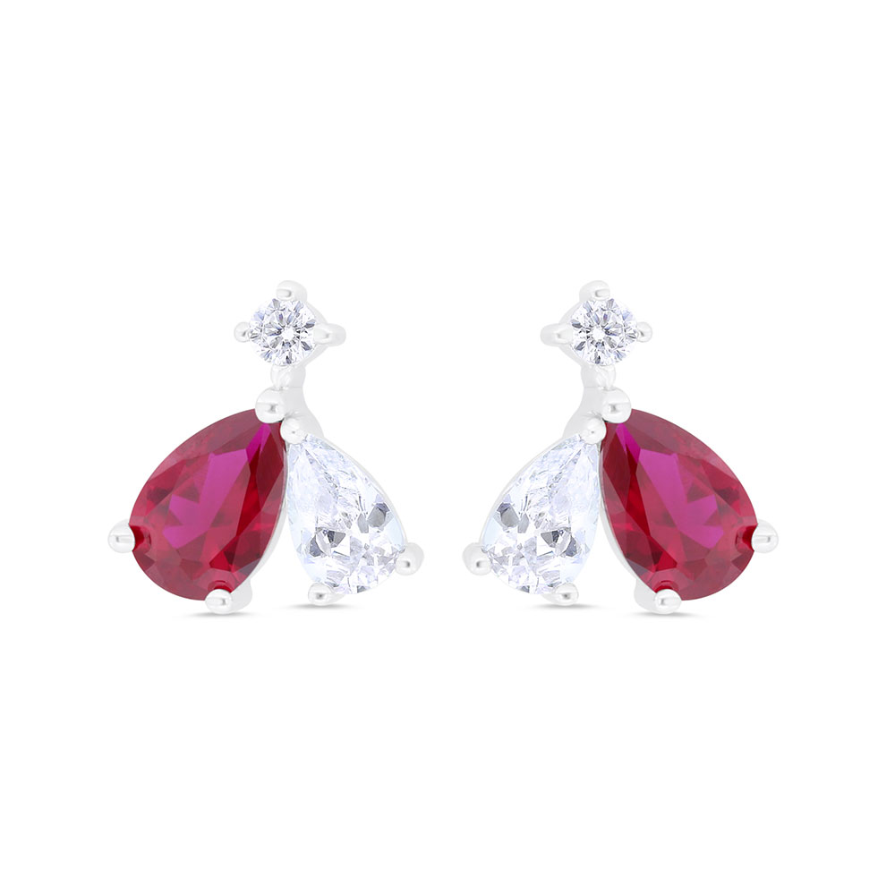 Sterling Silver 925 Earring Rhodium Plated Embedded With Ruby Corundum And White Zircon