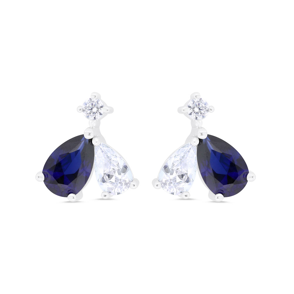 Sterling Silver 925 Earring Rhodium Plated Embedded With Sapphire Corundum And White Zircon