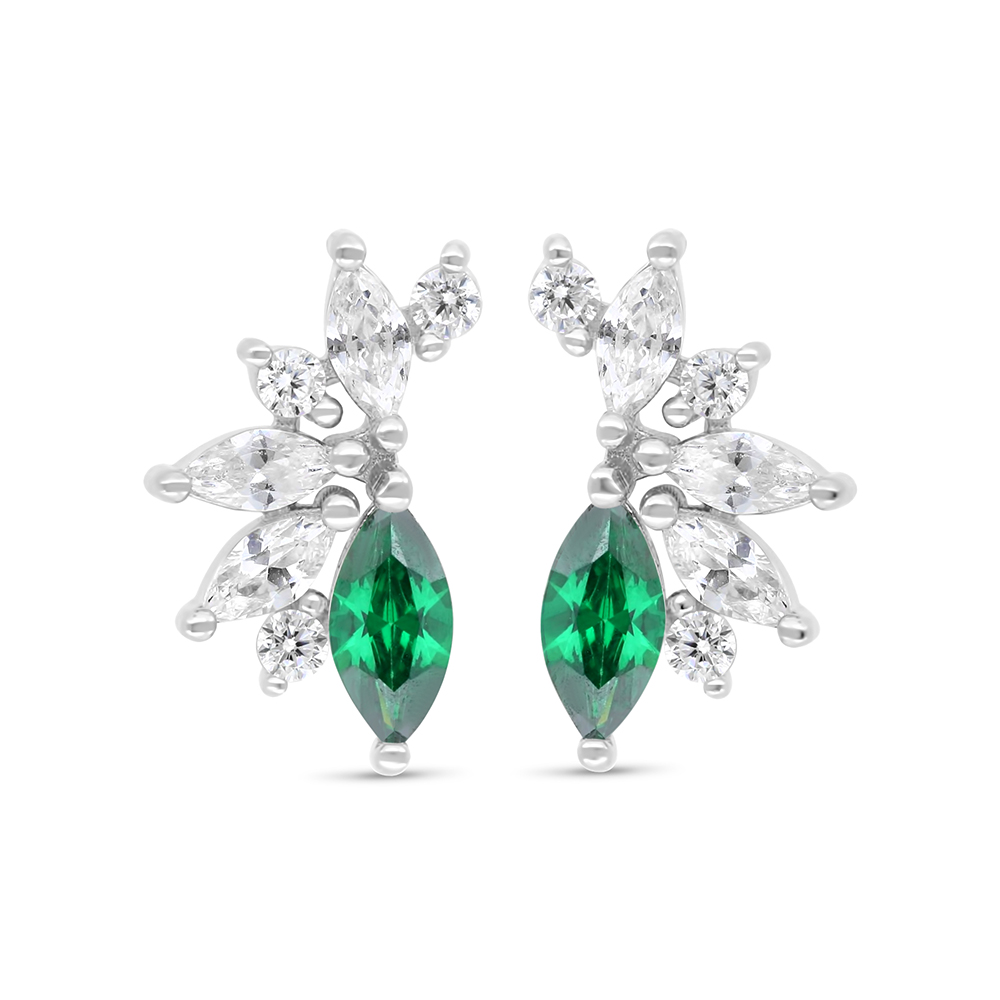 Sterling Silver 925 Earring Rhodium Plated Embedded With Emerald Zircon And White Zircon