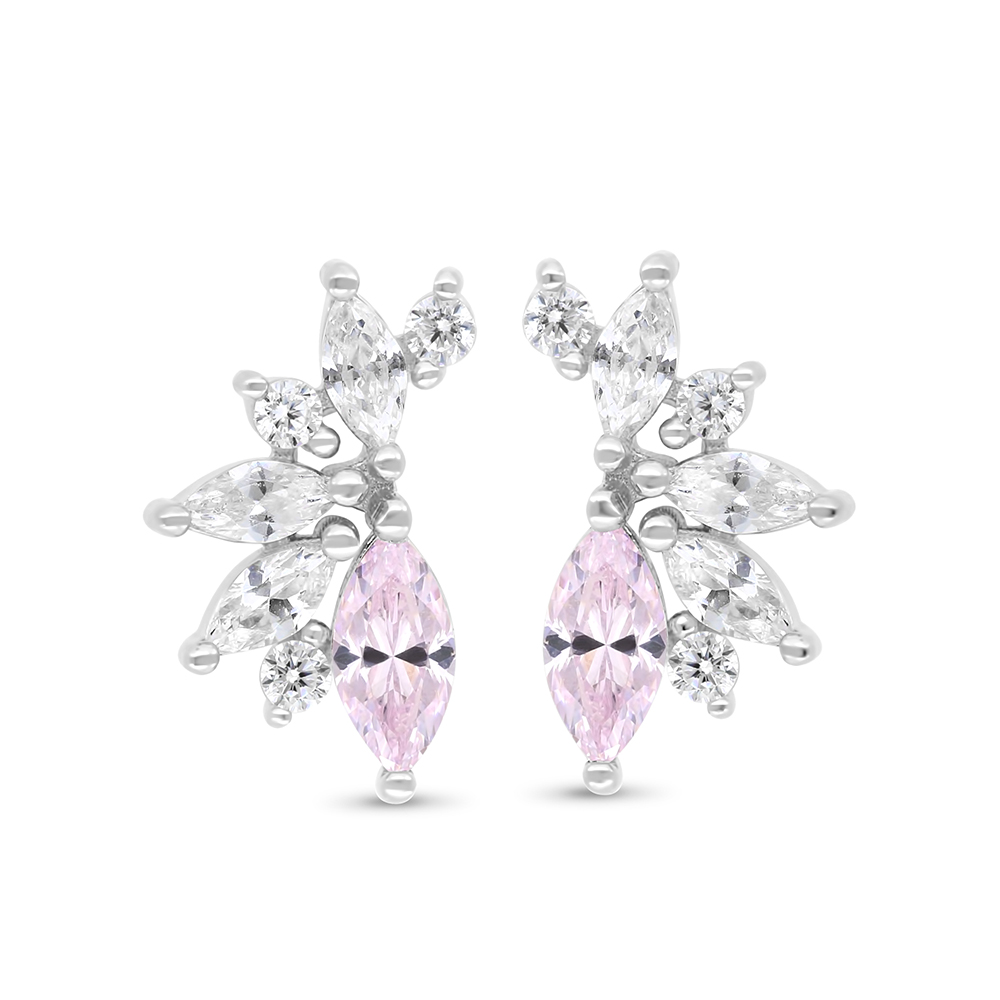 Sterling Silver 925 Earring Rhodium Plated Embedded With Pink Zircon And White Zircon