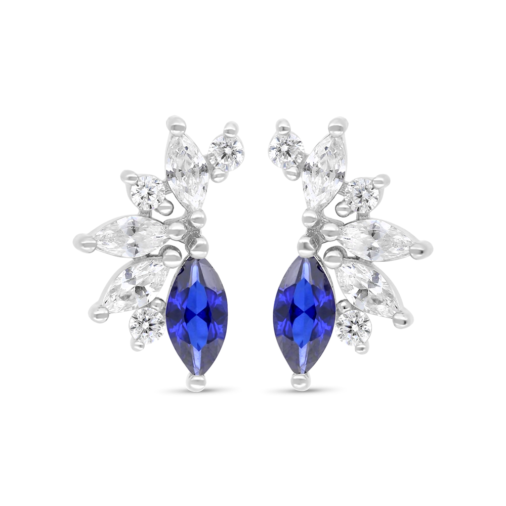 Sterling Silver 925 Earring Rhodium Plated Embedded With Sapphire Corundum And White Zircon