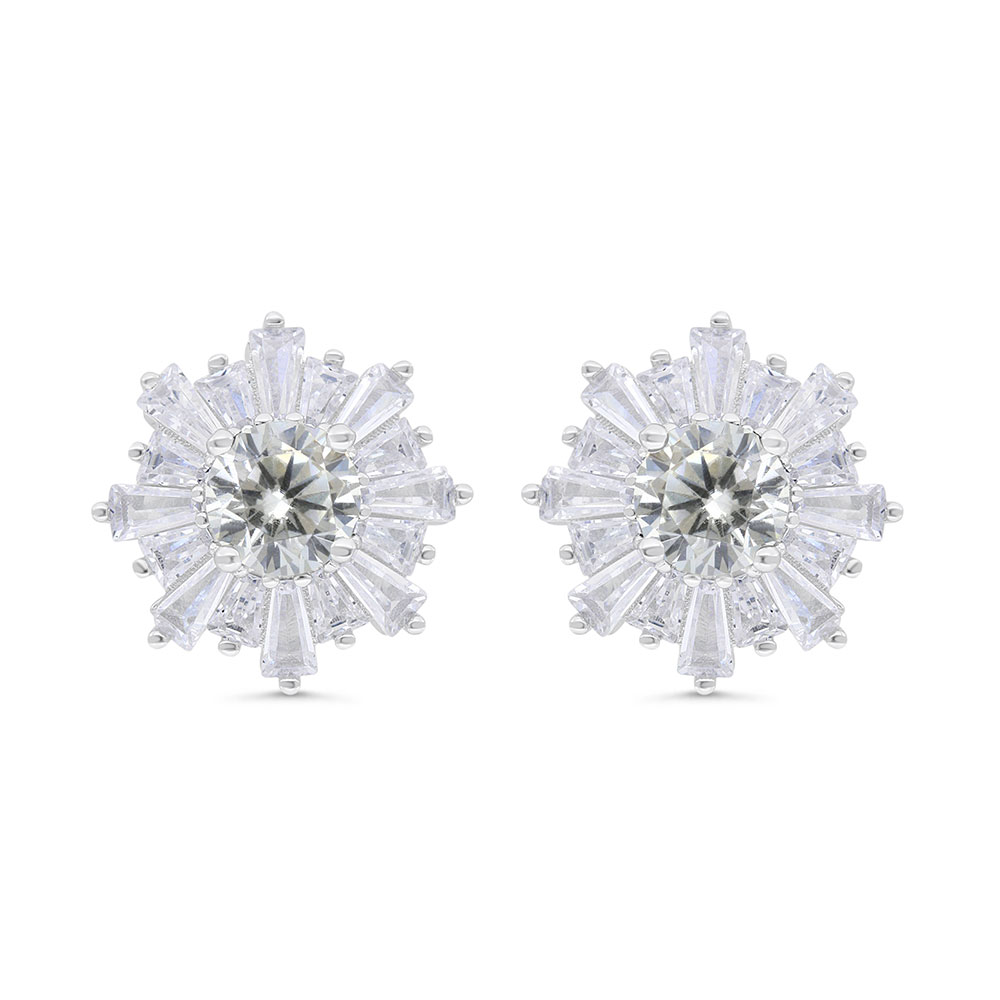 Sterling Silver 925 Earring Rhodium Plated Embedded With Yellow Zircon And White Zircon